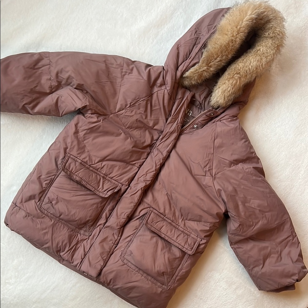 Zara Mauve Pink Puffer Jacket with Faux Fur Hood